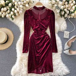 Lady Fashion Bling Shiny Velvet Dress Women's Autumn and Winter Pleated Slim Long Sleeve Package Hip Vestido De Mujer Q571 210527