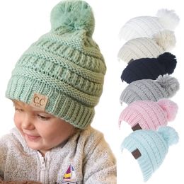 Kids Knitted Hat Braid Hair Ball Wool Caps Winter Cable Knit Slouchy Crochet Outdoor Warm Cap 11 Colours Knitted