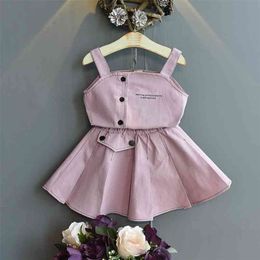 Summer Fashion Little Girls Clothing Set Letter Printed Camisole&Pleated Skirt Korean Cute Children Outfits Kids Clothes 210715