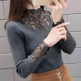 Sexy Lace Collar Patchwork Women Pullover Sweater Autumn Half Turtleneck Long Sleeve Knitted Top Lady Drill Bottoming Jumper 210522