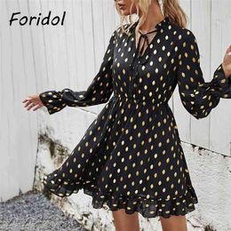 Fashion Gold Polka Dot Pink Dress Women Long Sleeve Casual Black French Elegant Spring Autumn Vestidos De Mujer 210427