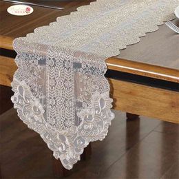 Proud Rose Korean Lace Table Runner Wedding Decoration White Flag Embroidered cloths TV Cabinet Cover 210708