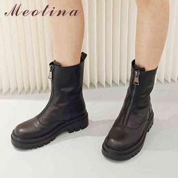 Genuine Leather Platform Chunky Heels Mid Calf Boots Women Shoes Round Toe Zipper High Heel Ladies Winter Black 40 210517