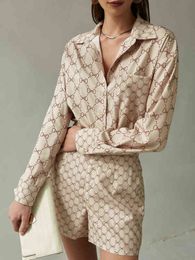 fashion luxury Women's Tracksuits women's two piece set satin silk printed long sleeves V-neck summer dress High Waist Shorts casual shirt 2022