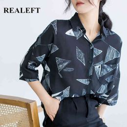 Vintage Geometric Print Blouse Shirts Chic Korean Style Single Breasted Female Work Wear Blous Office Lady 210428