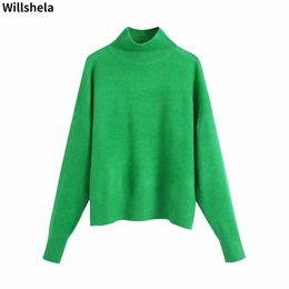 Willshela Women Fashion Solid Knit Sweater Top Long Sleeves High Neck Vintage Female Knitted Sweaters Pullover Chic Tops 210922