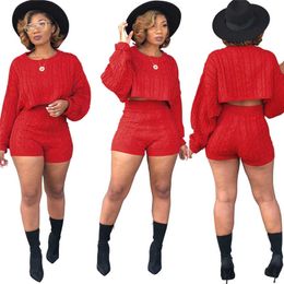 Adogirl Christmas Red Women Knitted Sweater Two Piece Set Long Sleeve Loose Crop Top High Waist Shorts Autumn Winter Outfits Y0625