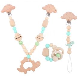 INS baby Wooden Soothers & Teethers Holder Set Dinosaur Shape Beads Ball Design Health Care Teething Training Infant Pacifier Anti-Drop Chain Over 3 Months