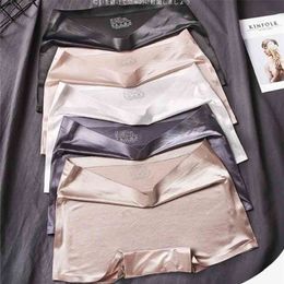 Panties for Women Nylon Boyshort Female Underwear Lingerie Mid Waist Lady Short Pants Solid Colour 4 pieces Sexy Ice Silk Boxer 210730