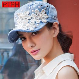 Ball Caps PTAH 2021 Women Floral Embroidery Baseball Denim Diamond Point Hip Hop Hat Brand Lady SummerFashion Adjustable Casquette