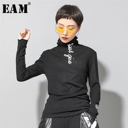 [EAM] Women Letter Printed Brief Temperament T-shirt New High Collar Long Sleeve Fashion Tide Spring Autumn 2021 210317
