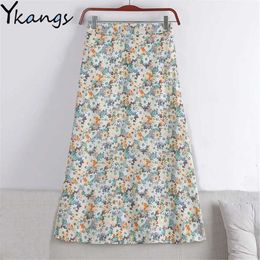 Summer Vintage Chiffon Floral Print Ruffle A-Line Skirt Long Harajuku Women Korean Streetwear Elastic High Waist Midi Skirt 210619