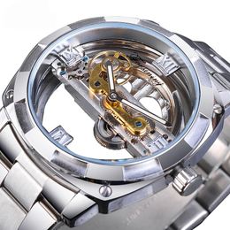 Мужчины Прозрачный дизайн Механические часы Автоматическая серебряная квадратная Золотая шестерня Скелет из нержавеющей стали Ремни Часы Saati