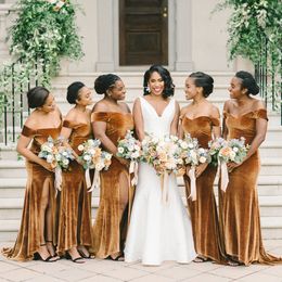 2021 Brown Mermaid Bridesmaid Dresses Velvet Floor Length V Neck African Plus Size Maid of Honour Gown Country Wedding Party Wear vestidos