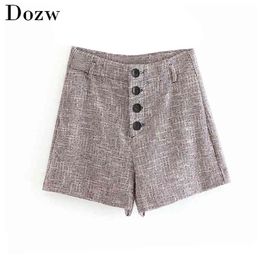 Women Tweed Mini Shorts Elegant Button High Waist Autumn Winter Ladies Office Short Pants Casual Bottoms 210515