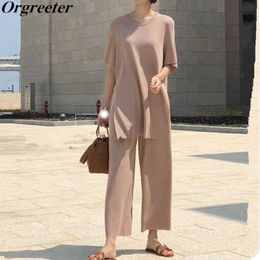 Fashion Temperament Ice silk Knitted Two piece Casual set Women Long Pullovers Tops and wide-leg pants Suits High Quality Y0625