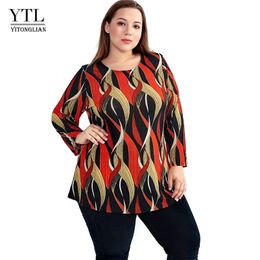 YTL Plus Size Print Tshirt Women Elegant Bohemian Orange O Neck Ladies Three Quarter Sleeve Loose Top Shirts Casual T-shirt H105 210322