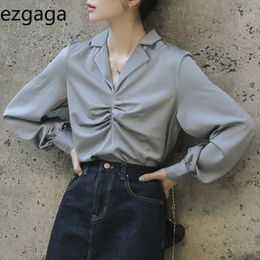 Ezgaga Whiter Shirts Office Lady Chic Spring French Style Turn-Down Collar Long Lantern Sleeve Women Blouse Elegant Solid Blusas 210430