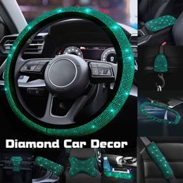 Universal Sparkle Bling Rhinestone Steering Wheel Cover Centre Console Cushion Headrest Pillows Car Interior Protection Case Set Covers