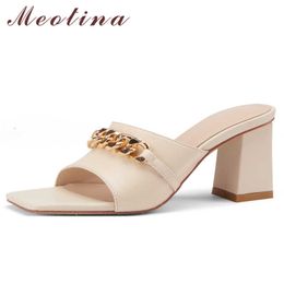 Meotina Women Slippers Shoes Genuine Leather Sandals Chain High Heel Slides Square Toe Thick Heel Ladies Footwear Summer White 210608