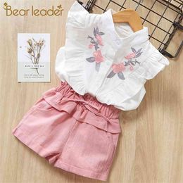 Girls Clothing Set Summer Kids Girl Clothes Flowers T-shirt and Shorts with Bow-knot Children Suit Outfits 2 6Y 210429