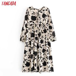 Tangada fashion women flowers viscose dress long sleeve female casual loose holiday dress 3P22 210609
