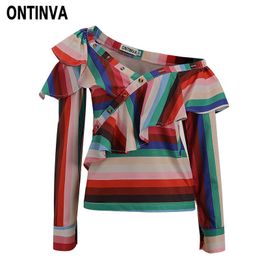 Clearance Sexy Rainbow Colour Striped Ruffles Blouse Fashion Skew Collar Women Plus Size 5XL 4XL Long Sleeve Blusas Shirt Tops 210527