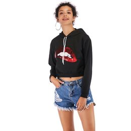 Korean Style Red Lips Black Top Applique Hoodies Autumn Sexy Hooded Sweatershirt Women Plus Size Streetwear Personality Pullover 210507