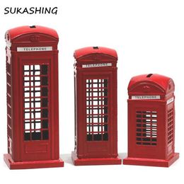 London Telephone Booth Red Die Cast Money Box Piggy Bank UK Souvenir s for Kids Home Christmas Decoration 210607