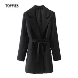 Fashion Black Long Belt Jacket Blazer Woman Double Breasted Suit Coat Female Dress 210421