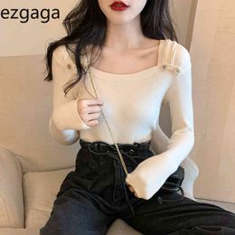Ezgaga Knit Sweater Women Autumn New Square Collar Button Long Sleeve Solid Slim Base Office Lady Pullover Thin Fashion Tops 210430