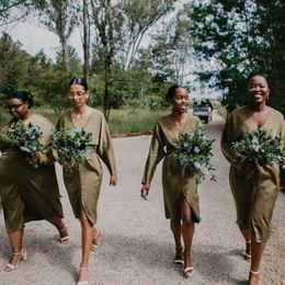 Olive Green Bridesmaid Dresses Tea Length Long Sleeves Garden Countryside Spring Summer Maid of Honor Gowns Wedding Guest Tailor Made Plus Size Available