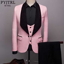 PYJTRL Mens Fashion Big Shawl Lapel 3 Pieces Set Pink Red Blue White Black Wedding Groom Suits Quality Jacquard Banquet Tuxedo X0909