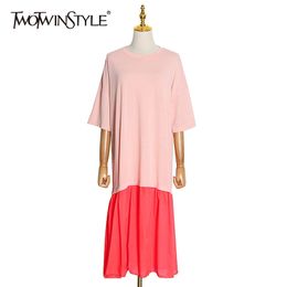 Casual Patchwork Hit Colour Dress Women O Neck Half Sleeve High Waist Midi Dresses Female Summer Clothes 210520