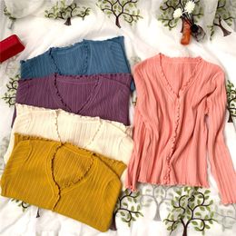 Autumn Winter Fashion Ruched Knitted Cardigans Sweater Women V-neck Office Lady Thick Solid 210520
