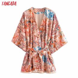 Tangada Women Tassel Floral Print Kimono Shirt Fashion with Belt Vintage Three Quarter Sleeve Female Shirts Chic Top 3H538 210609