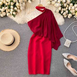 Chic Summer Sexy Halter Neck One Shoulder Evening Party Dress Women Korean Elegant Patchwork Bodycon Femme 210603