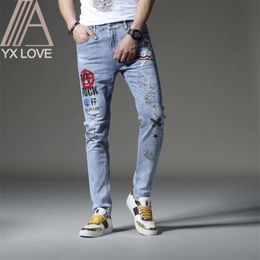 Embroidery Blue Men Jeans Fantastic Patterns Quality Brand Slim Elastic Comfortable Hiphop Pants Multiple Styles Trousers 210318