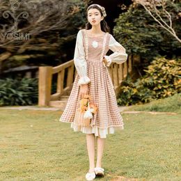 YOSIMI Cotton Plaid Women Dress Prairie Chic Spring Patchwork Beige Square Collar Full Sleeve Mid-calf Lace Long Dresses 210604