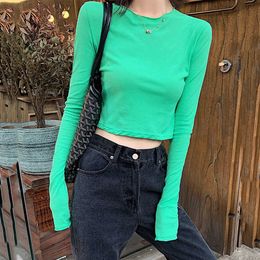 FORYUNSHES Korean Fashion Women T-shirt Long Sleeve Fluorescent Green/Yellow Solid Crop Tops Slim Streetwear Y2k Top 210709