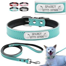 4 Colours Personalised Engraved Dog Collar Leash Set Customised Name Phone Metal Buckle Cat Puppy Pet ID Collar XS S M 210729