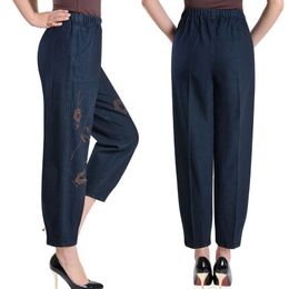 Female Plus Size Casual Denim Pants Women women Loose Harem Jean with Embroidery Elasticity Boyfriends Mom 210514