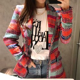 Autumn Vintage Red Plaid Tweed Blazer Coat Women Single Button Tassel Jacket Winter Casual Femme Outwear Suits 210510