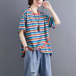 Arrival Summer Arts Style Women Loose Striped Cotton Asymmetrical T Shirt Casual O-neck Short Sleeve T-shirt W172 210512