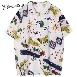 Yitimuceng Print Blouse Women Button Up Shirts Loose Summer Korean Turn-down Collar Single Breasted Short Sleeve Tops 210601