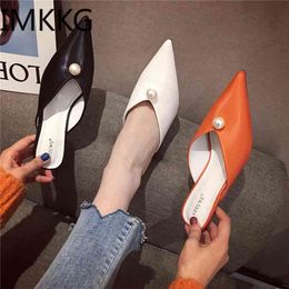 pointed closed toe heels UK - high quality Summer Elegant Women White Pearl med Heels Slides Mules Orange Black Slippers Pointed Closed Toe Shoes 210625
