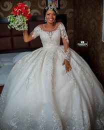 Arabic Aso Ebi Plus Size Wedding Dresses 2022 Luxury Long Sleeve Lace Applique Beaded African Sheer Neck Princess Wedding Gown