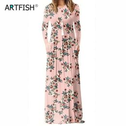 Women Long Sleeve Maxi Long Dresses Femme Summer Floral Printed A-line Dress Female Boho Beach Sundress Pockets Plus Size GV083 210325