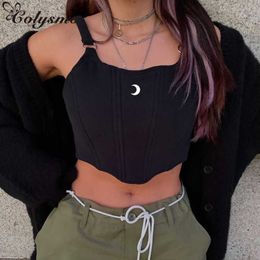 Colysmo Corset Top Crescent Embroidered Bustier Metal Buckle Solid Colour Casual Cami Summer Women Chic Harajuku Crop Tank 210527