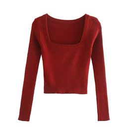 Autumn Women French All-Match Fashion Retro Slim Long-Sleeved Short Square Neck Female Sweater 210520